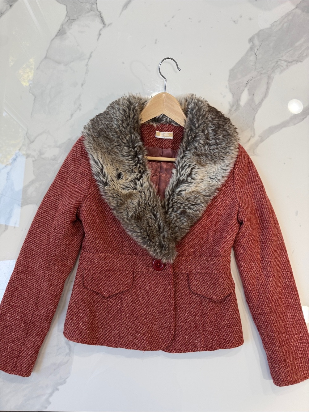 Red Polyester Coat with removable Faux Fur Collar